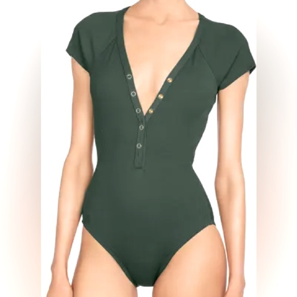 Robin Piccone Amy Plunge Neck Cap Sleeve One-Piece Swimsuit Green Ribbed Size 6
